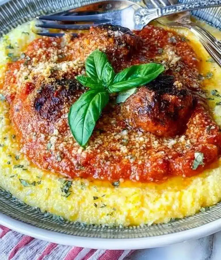 Delicious meatballs served on creamy polenta in a stylish bowl