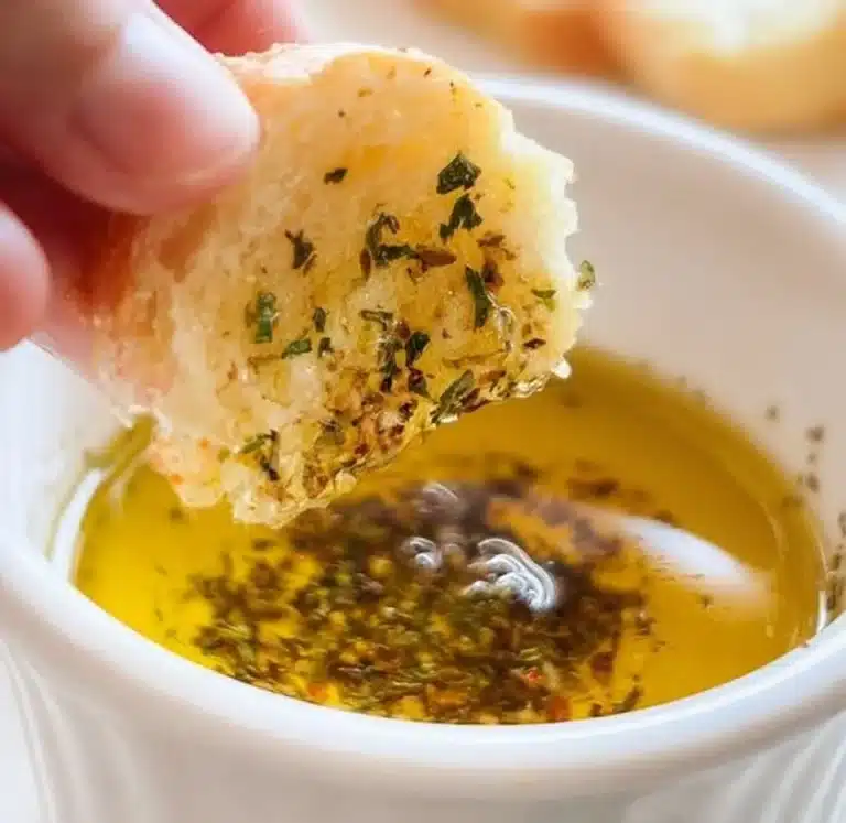 Bowl of olive oil bread dip with herbs and spices on a rustic wooden table.