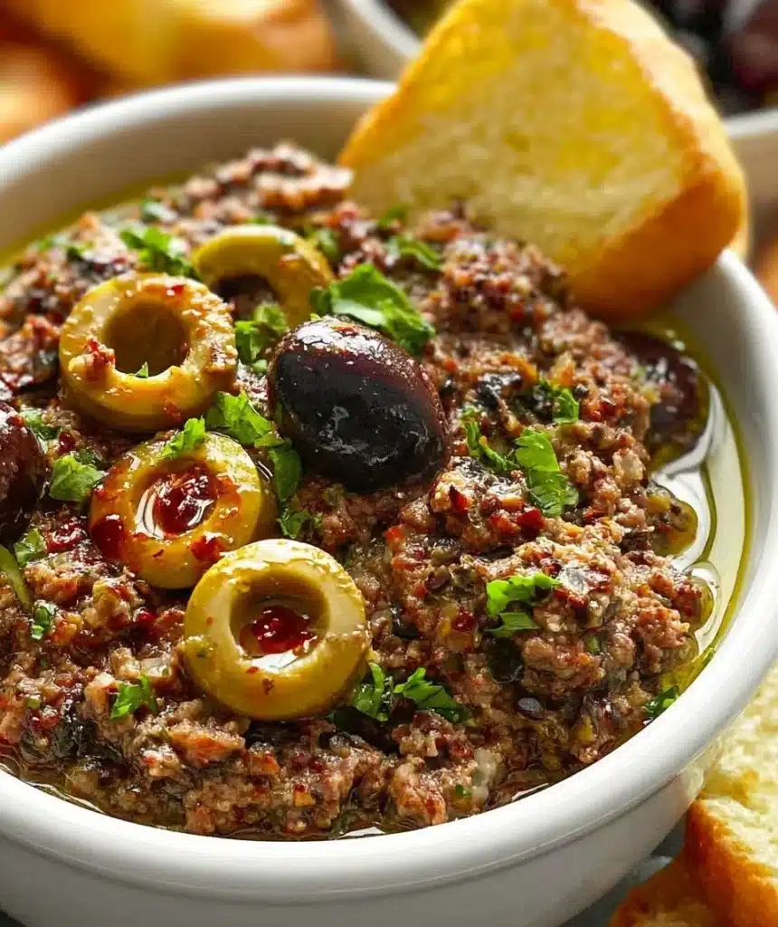 A rustic bowl of homemade olive tapenade served with crusty bread.