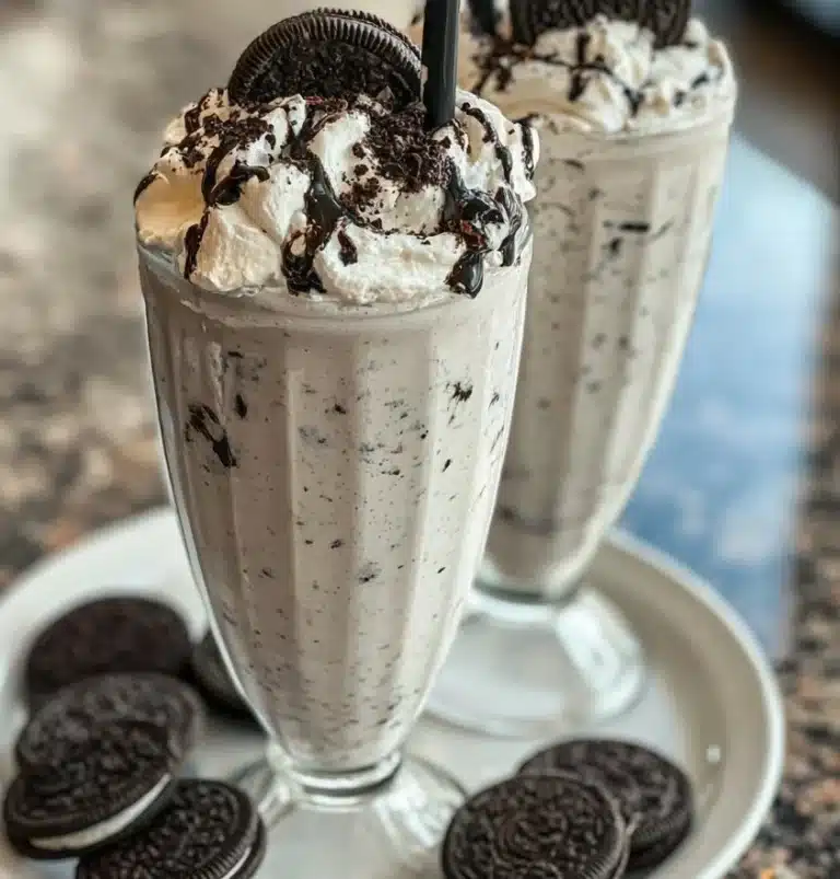 Delicious Oreo milkshake topped with whipped cream and crushed cookies
