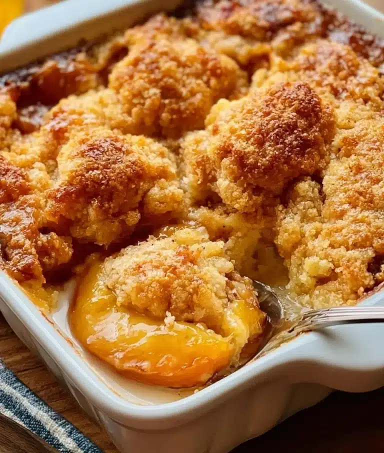 Delicious homemade peach cobbler served in a baking dish