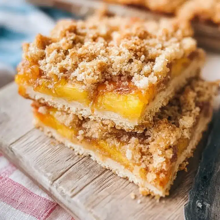 Delicious homemade peach crumb bars with a golden crumb topping and fresh peach filling
