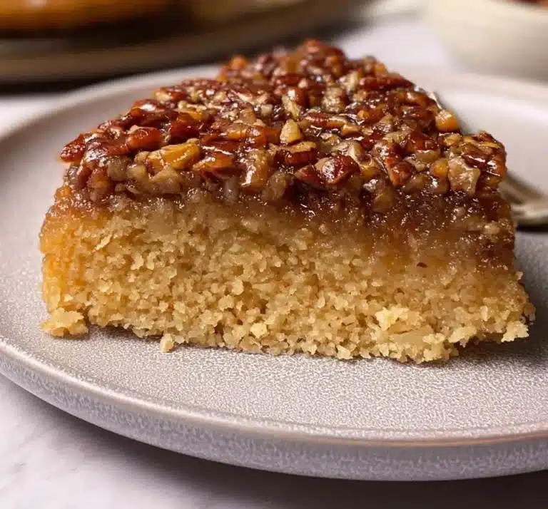 Delicious Pecan Upside Down Cake with a caramel topping and pecans