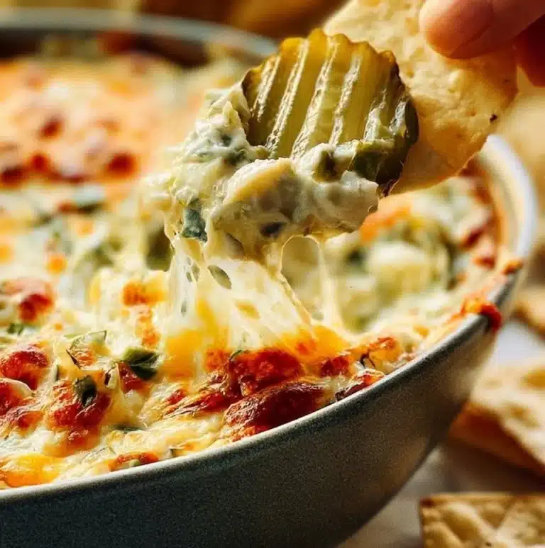 Delicious homemade pickle dip served in a bowl with crackers on the side.