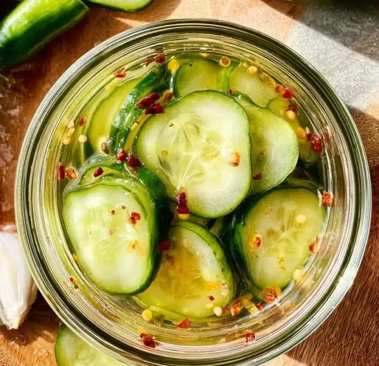Jar of homemade pickled cucumbers with spices and herbs