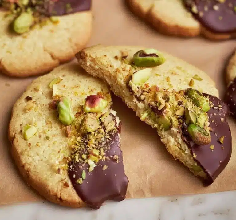 Delicious pistachio shortbread cookies displayed on a plate.