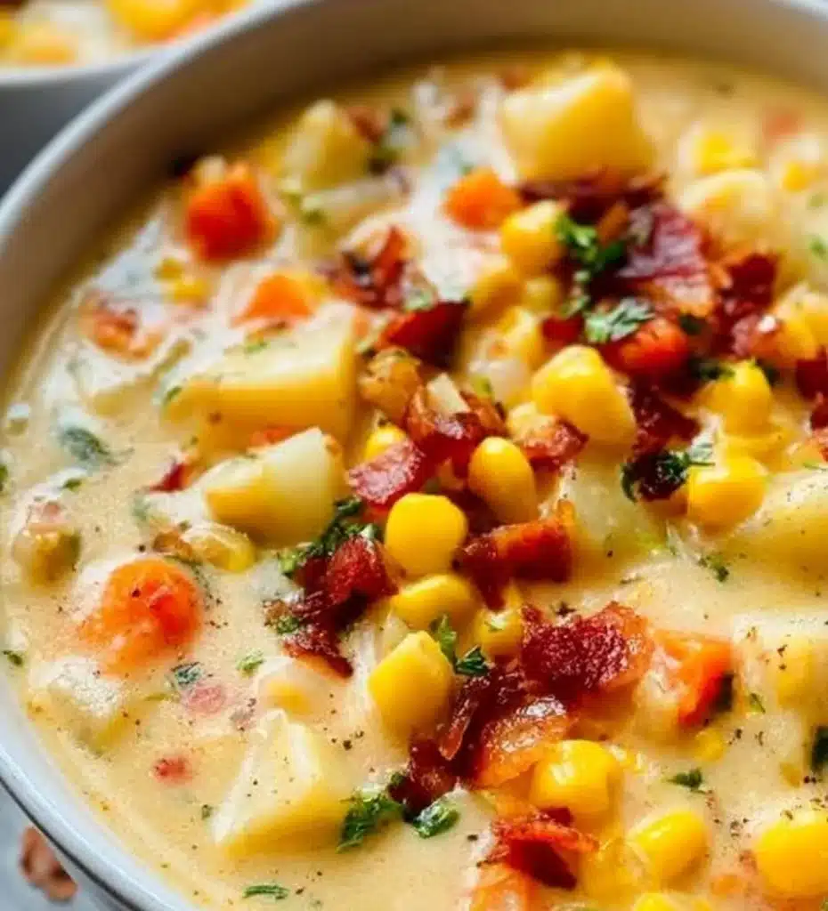 Bowl of creamy Potato Corn Chowder garnished with herbs