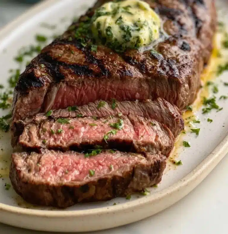 Delicious steak topped with herb butter, showcasing a gourmet dish.