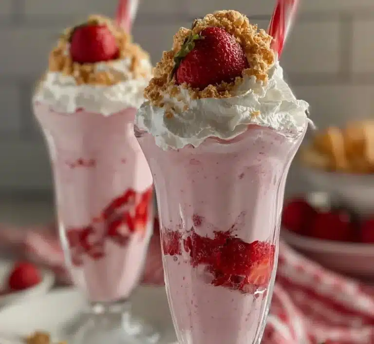 Strawberry Cheesecake Milkshake topped with whipped cream and fresh strawberries.