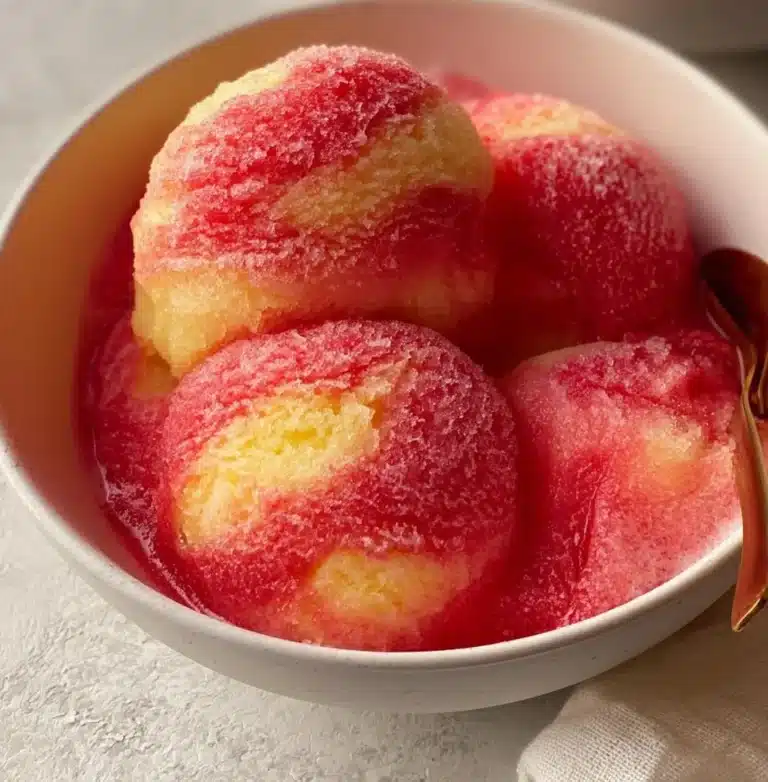 Bowl of strawberry pineapple sorbet topped with fresh fruit