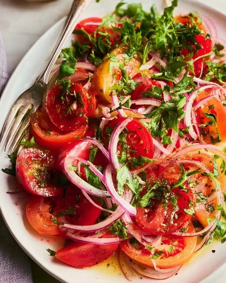 Delicious and colorful tomato salad with fresh ingredients in a bowl