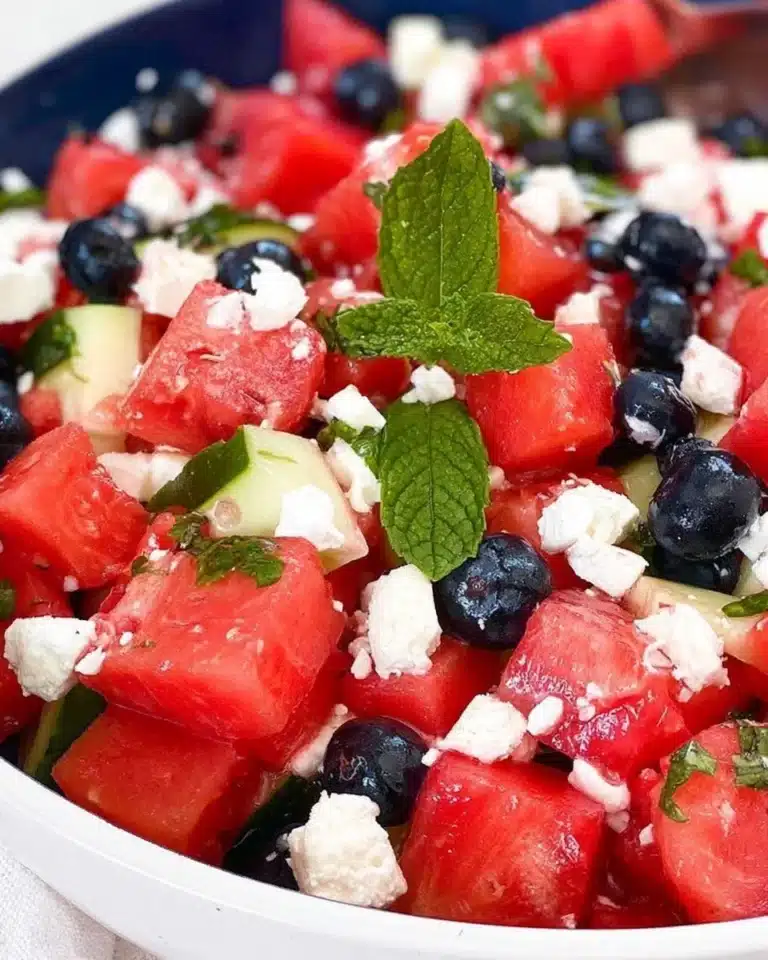 Watermelon Feta Salad with fresh mint and a drizzle of balsamic glaze