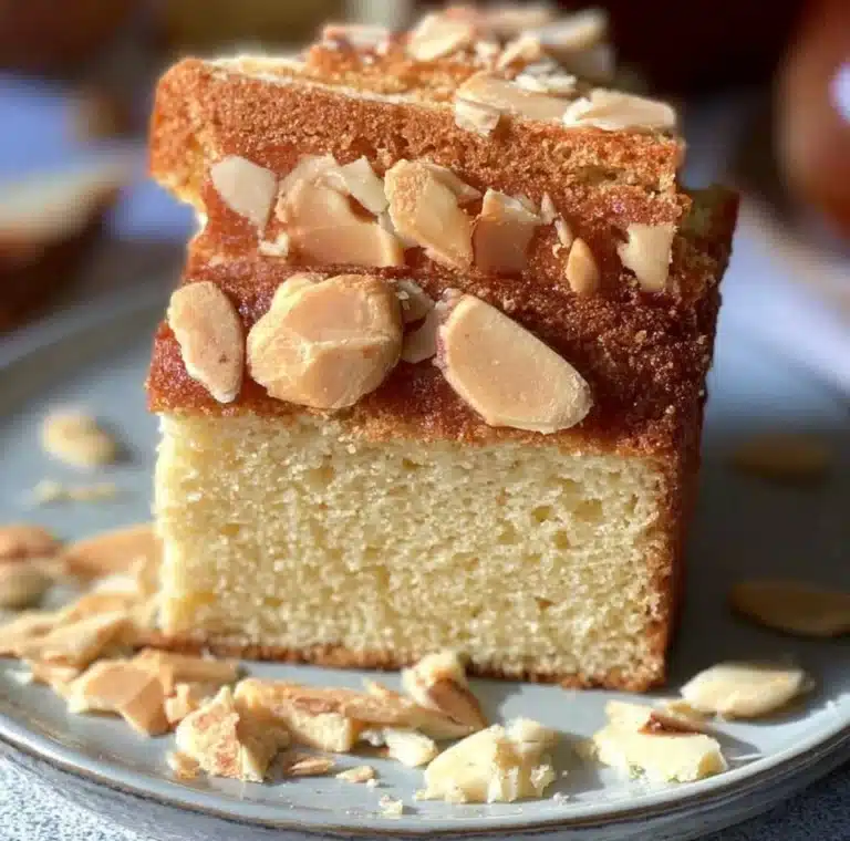 Slice of moist almond flour cake topped with fresh berries