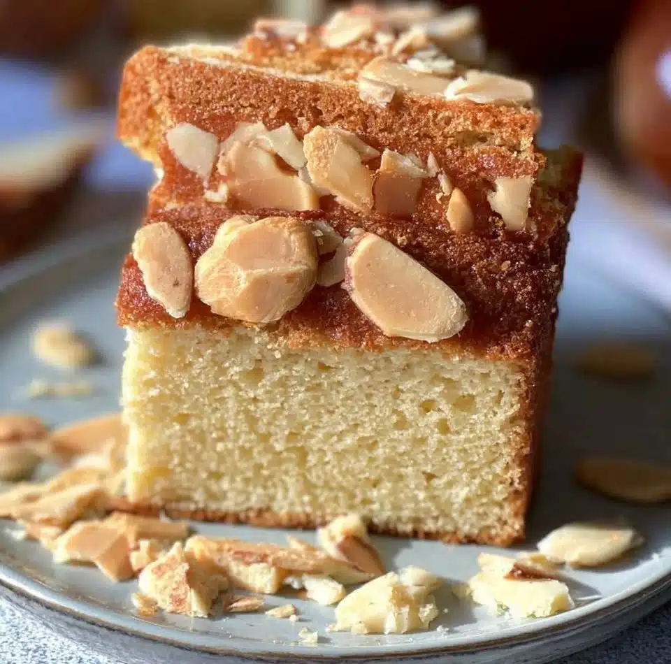 Slice of moist almond flour cake topped with fresh berries