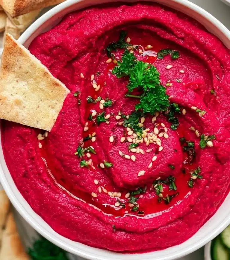 Vibrant beet hummus served with fresh vegetables on a platter