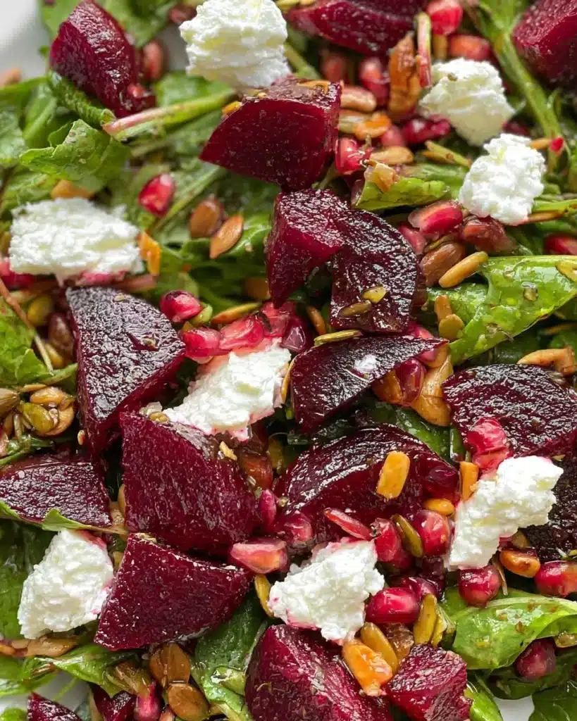 Colorful beet salad with greens, nuts, and feta cheese in a rustic bowl.