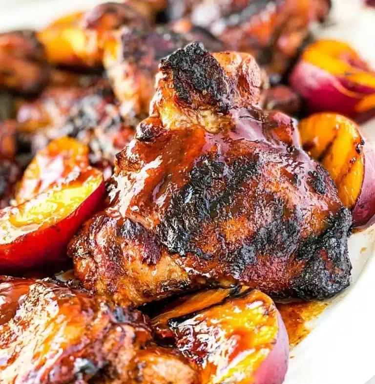 Bourbon Peach BBQ Chicken with grill marks and peach glaze