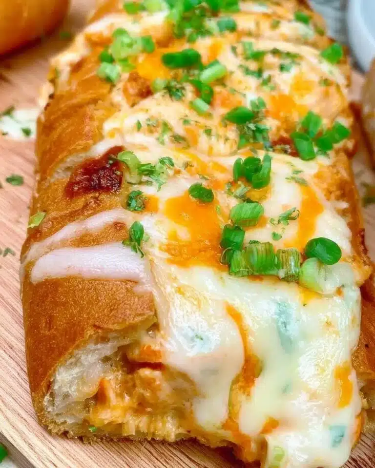 Buffalo chicken garlic bread topped with melted cheese and spicy sauce