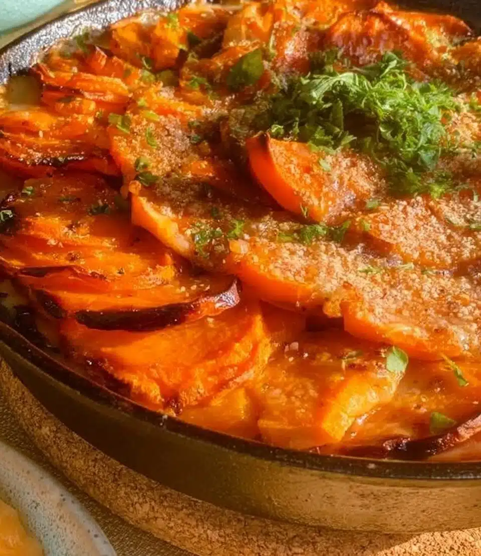 Butternut Squash Sweet Potato and Potato Gratin in a baking dish, ready to serve.
