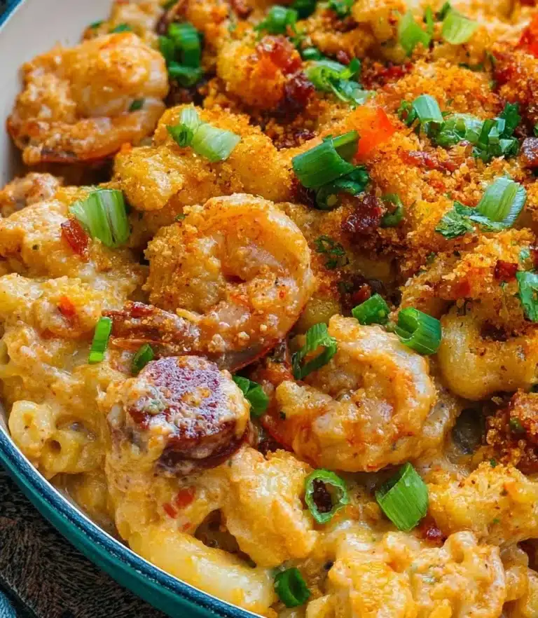 Cajun shrimp and sausage mac and cheese served in a bowl