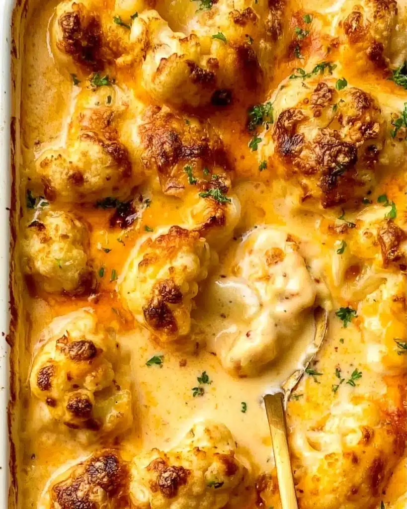 Delicious bowl of creamy cauliflower cheese topped with melted cheese