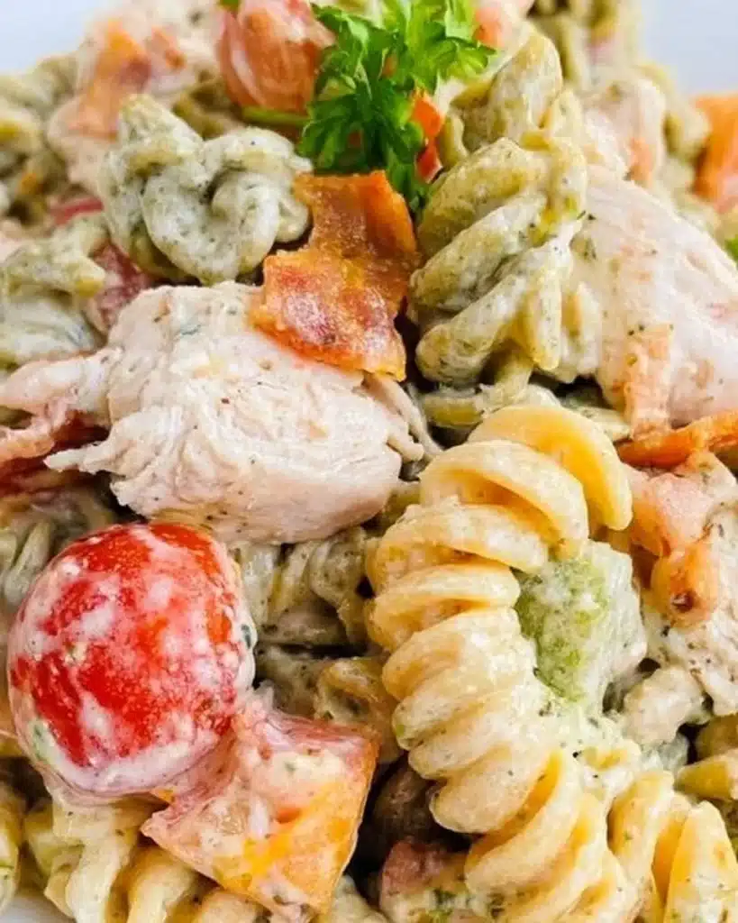 Delicious Chicken Bacon Ranch Pasta Salad in a vibrant serving bowl