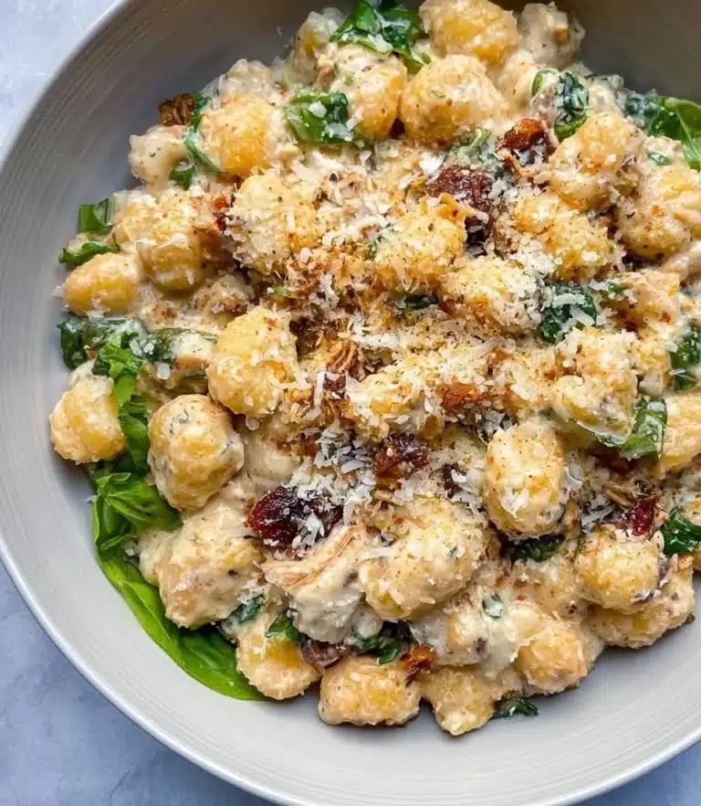 Delicious Chicken Gnocchi served in a creamy sauce with vegetables.