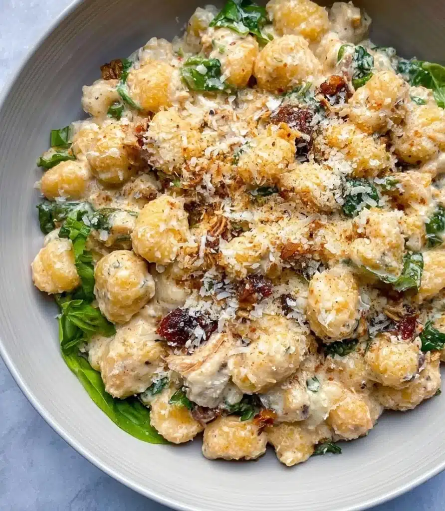 Delicious Chicken Gnocchi served in a creamy sauce with vegetables.