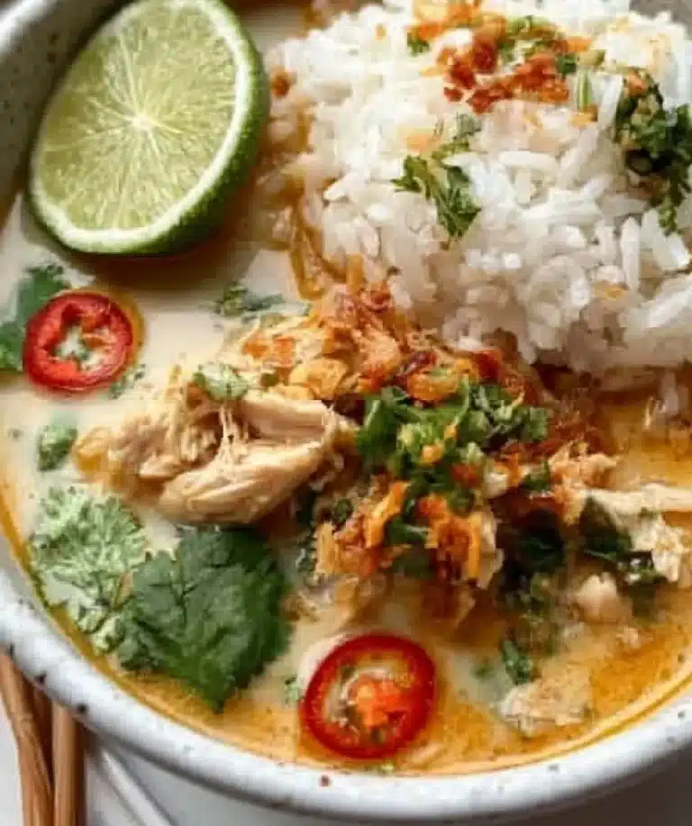 Coconut chicken served with rice in a vibrant bowl