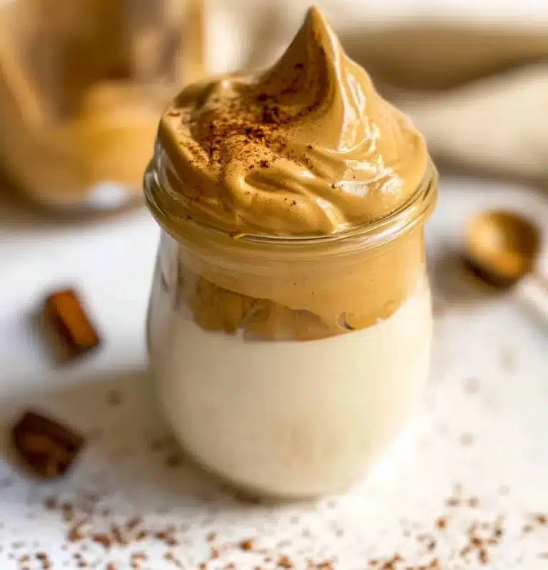 A cup of Dalgona Coffee with whipped coffee foam on top served in a glass.