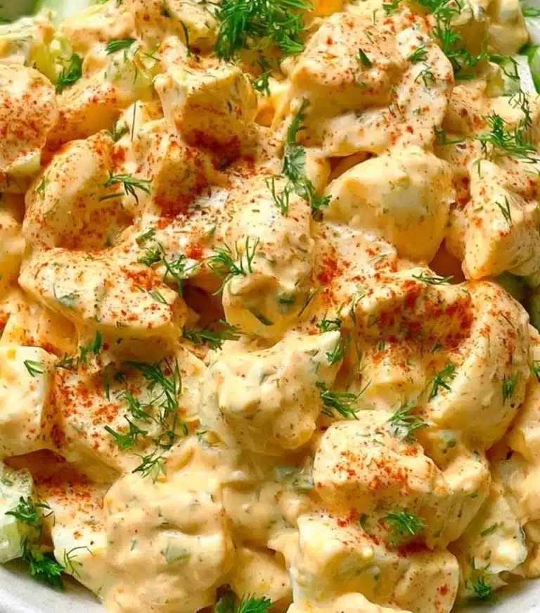 Delicious deviled egg salad served in a bowl, garnished with herbs.
