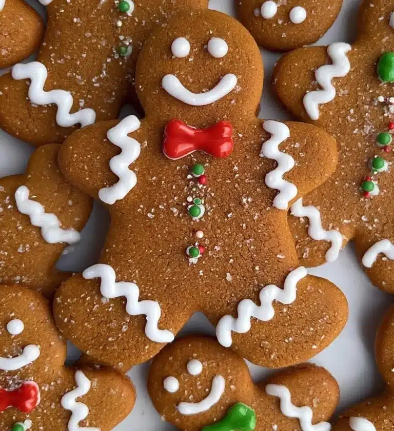 Freshly baked Gingerbread Men cookies decorated for the holiday season.
