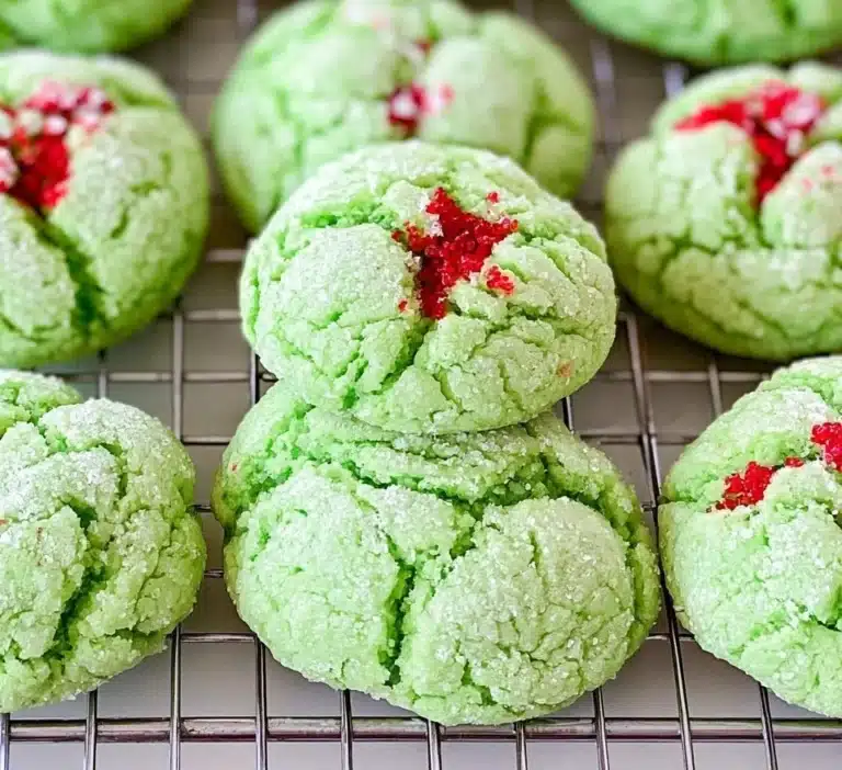 Delicious Grinch Cookies decorated with green frosting and red candy hearts.