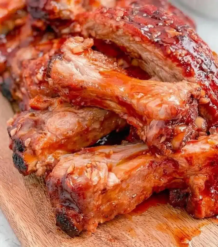 Delicious honey garlic ribs glazed and garnished ready to serve