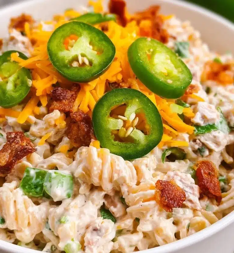 Delicious jalapeño popper pasta salad in a bowl, garnished with fresh herbs.