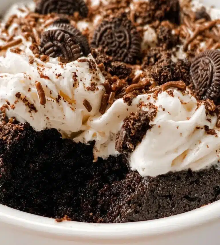 Delicious Oreo Mug Cake served in a white mug with crushed Oreos on top.