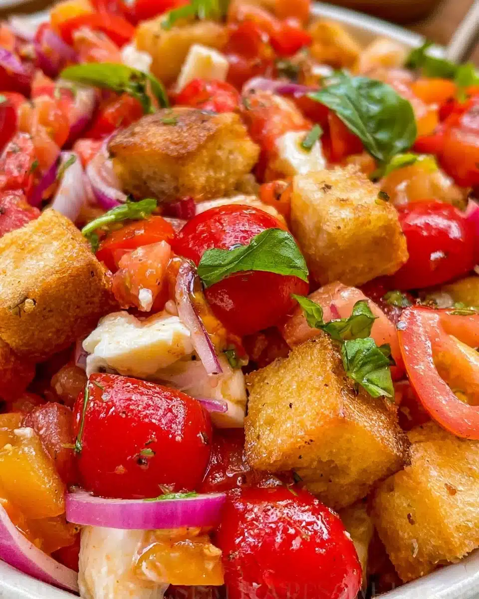 Delicious Panzanella salad featuring tomatoes, bread, and fresh herbs
