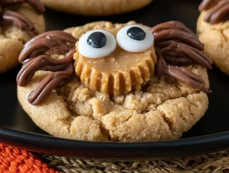 Delicious peanut butter spider cookies with chocolate eyes and candy legs