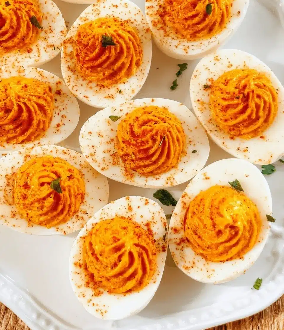 Pumpkin Deviled Eggs garnished with spices and herbs on a serving platter.