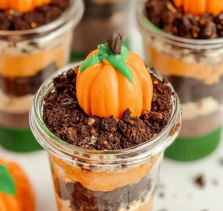 Delicious pumpkin dirt cups dessert served in clear cups with crushed cookies