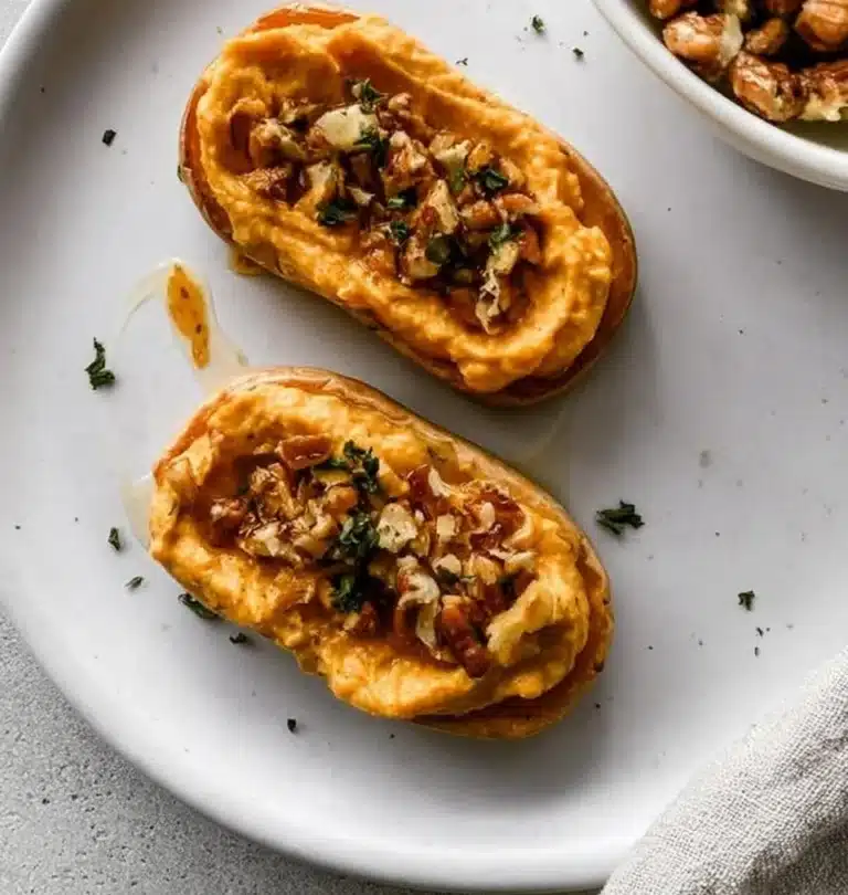 A dish showcasing pumpkin feta served with herbs and spices.