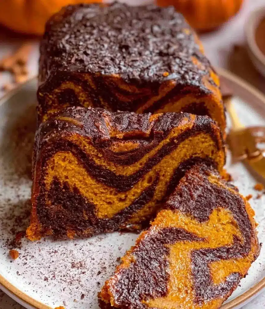 Delicious Pumpkin Marble Cake with chocolate swirls and festive decorations