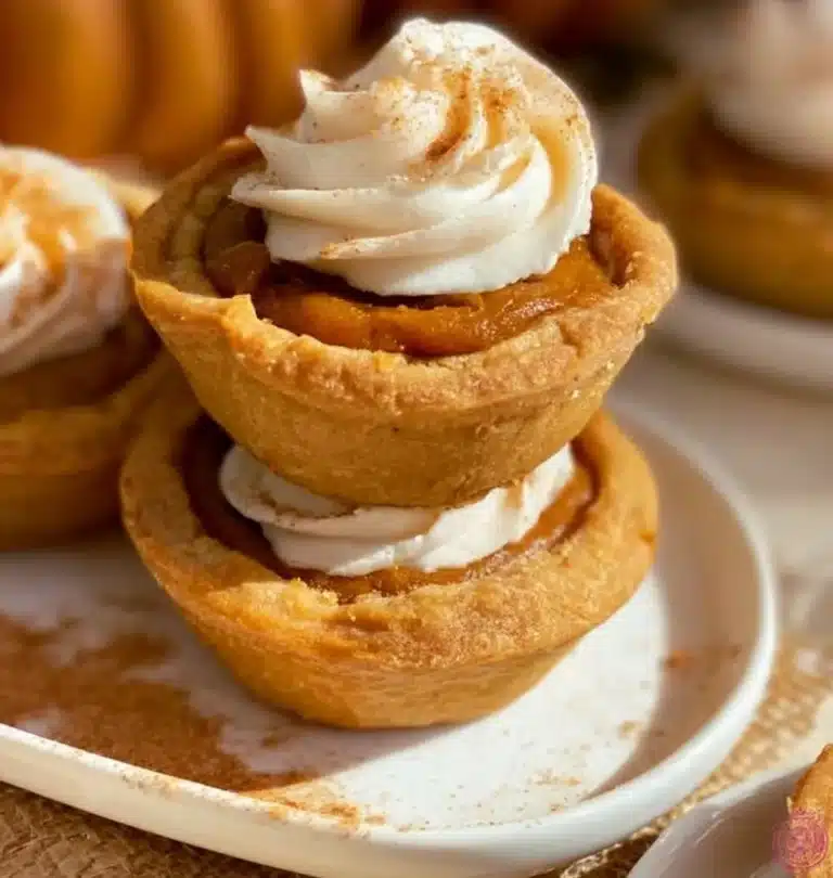 Homemade pumpkin pies decorated with whipped cream