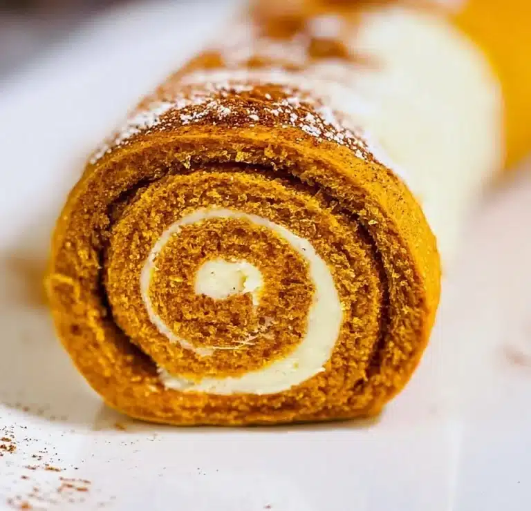 Deliciously rolled pumpkin dessert garnished with cream cheese frosting