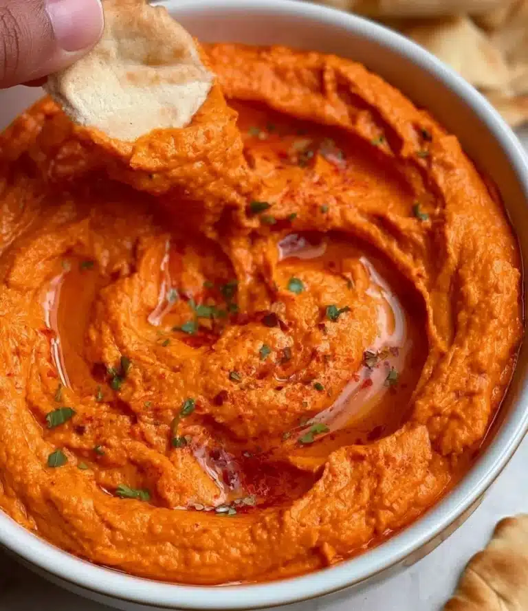 A bowl of red pepper hummus garnished with fresh herbs and served with pita bread.