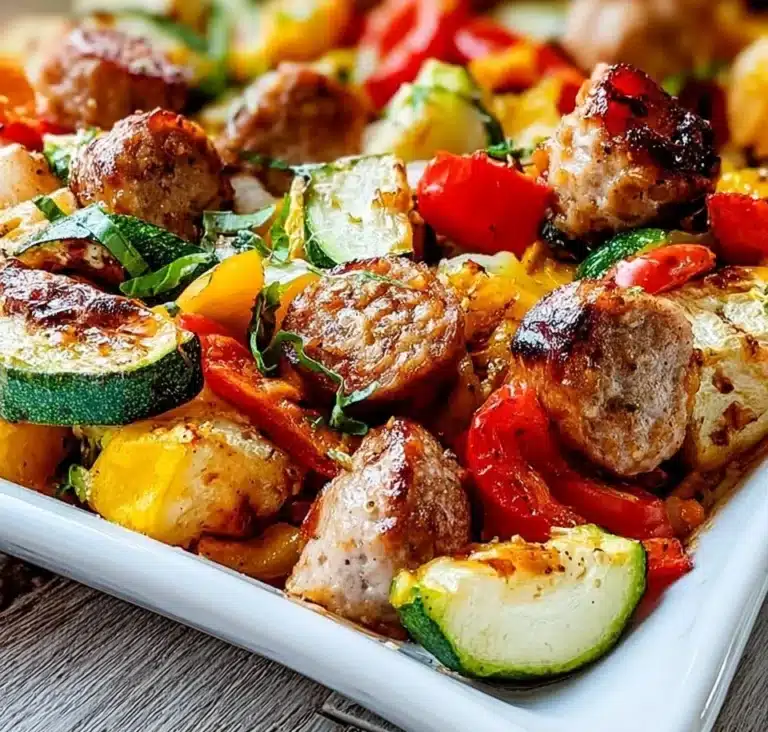 Sausage peppers and zucchini squash dish served on a plate.