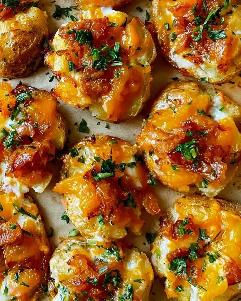 Plate of delicious smashed potatoes with herbs and spices
