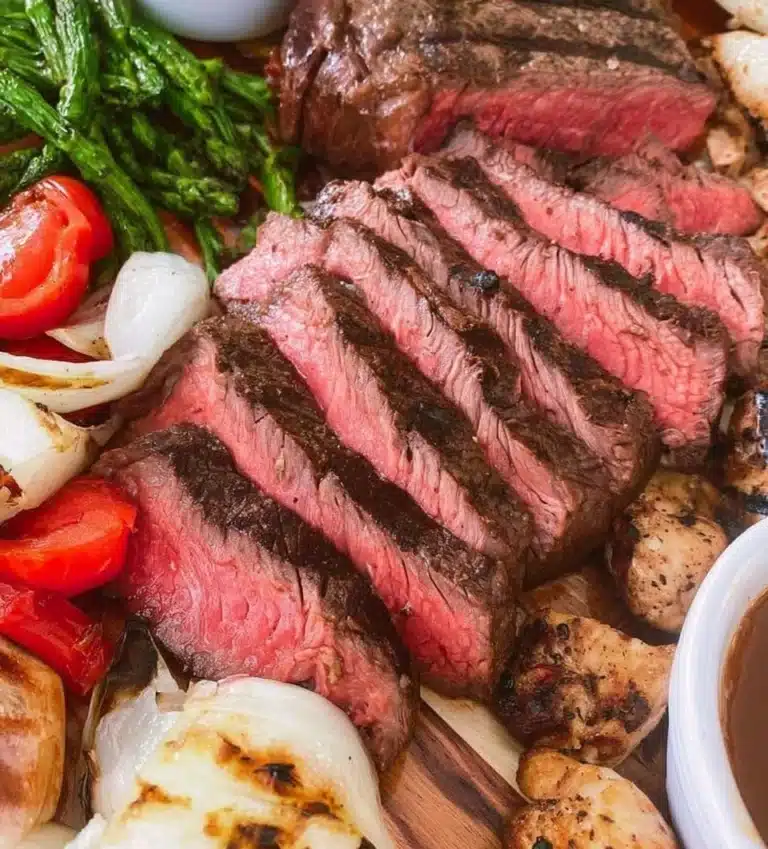 Beautifully arranged steak grazing board with assorted meats and accompaniments