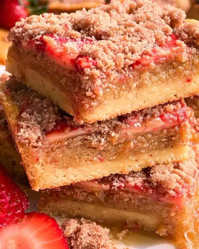 Delicious strawberry crunch blondies with a crispy topping