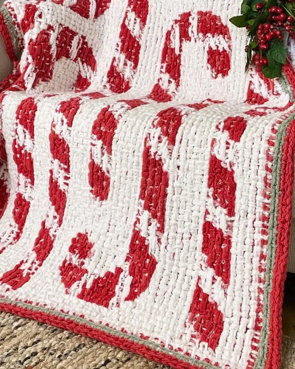 Candy Cane Lane Mosaic Blanket featuring festive red and white patterns.